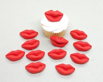 Fondant Cupcake Toppers 12 Red Lips Kiss Mouth Edible Cake Decorations