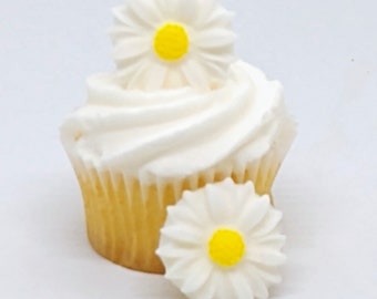 Daisies Fondant Cupcake Toppers 12 Cake Decorations Daisy Flowers Floral White Yellow Party Edible