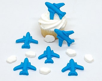 Airplanes Clouds Fondant Cupcake Toppers 12 Blue White Cake Decorations Edible Military Travel Plane Party Birthday