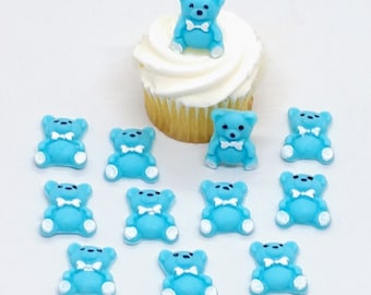 Teddy Bears Fondant Cupcake Toppers 12 Blue Cake Decorations Edible Party Birthday Baby Gender Reveal Shower