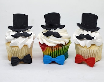 24 Cupcake-Topper In 4 Designs – Lustige Dekoration Mit Fliege, Schnurrbart, Hut & Halstuch Für Geburtstagspartys