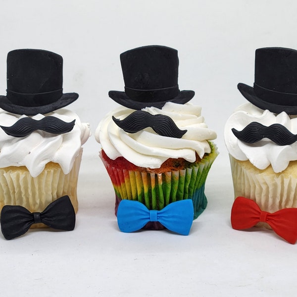 Top Hat Mustache Bow Tie Fondant Cupcake Toppers 12 Cake Decorations Party Birthday Edible Magic