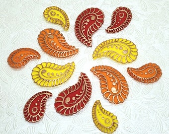Paisley Scroll Fondant Edible Cupcake Toppers 12 Cake Decorations Party Birthday Boho Hippy Orange Red Yellow