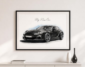 May include: A framed wall art print featuring a black sports car rendered in a watercolour style. The text "My New Car" is written in a cursive script above the vehicle. The artwork is enclosed in a simple black frame, showcasing the car's sleek lines.