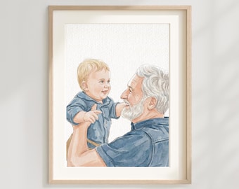 Aquarelle personnalisée peinte à la main : cadeau de fête des pères pour grand-père