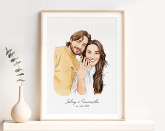 Hand-Painted Watercolor Couple Portrait: Custom Engagement Gift