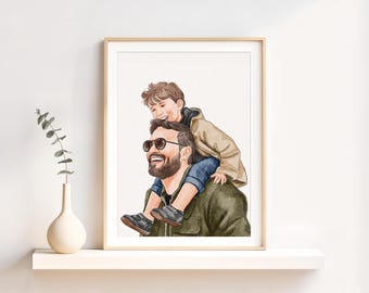 Portrait de famille personnalisé, cadeau fête des pères, cadeau personnalisé pour lui, aquarelle, cadeau papa, cadeau grand-père, peinture à partir d'une photo