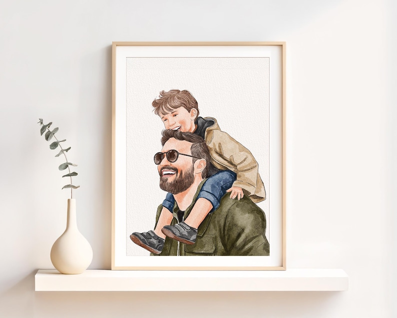 Peut inclure: Une peinture &agrave; l'aquarelle d'un p&egrave;re et de son fils. Le p&egrave;re porte une veste verte et des lunettes de soleil. Le fils porte une veste marron et un jean bleu. Le fils est assis sur les &eacute;paules de son p&egrave;re.