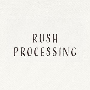 Op de afbeelding: Tekstgebaseerde afbeelding op een getextureerde, gebroken witte achtergrond. De woorden "RUSH PROCESSING" worden weergegeven in een donkerbruin, handgeschreven lettertype, met de woorden verticaal gestapeld.