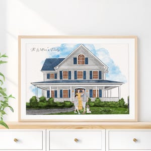 Huis met familieportret, aangepaste aquarel huisschildering, gepersonaliseerd nieuw huiscadeau, housewarmingcadeau, huistekening van foto