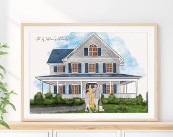 Custom Watercolor House Portrait with Family: Personalized New Home Gift, Home Drawing from Photo