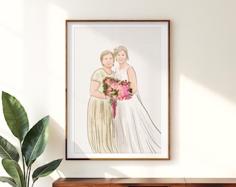 Custom Bride and Mother Watercolor Portrait, Personalized Wedding Gift
