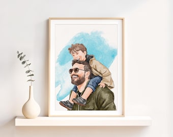 Personalized Watercolor Family Portrait, Father's Day Gift for Dad