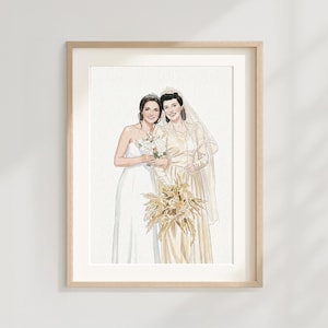 Ritratto personalizzato dipinto a mano ad acquerello: regalo per la madre della sposa, ritratto di matrimonio generazionale