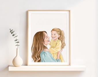 Portrait de famille aquarelle personnalisé peint à la main : cadeau de fête des mères, cadeau d'anniversaire de maman