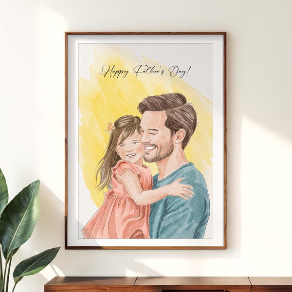 Retrato familiar personalizado en acuarela pintado a mano, regalo personalizado para el Día del Padre.
