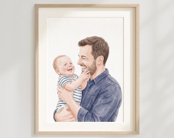 Portrait de famille personnalisé à l'aquarelle, cadeau personnalisé pour la fête des pères, tableau à partir d'une photo