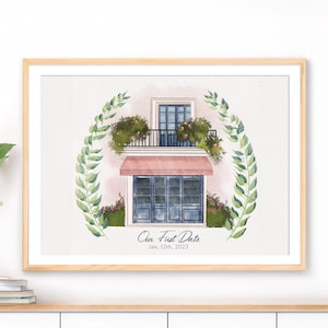 Portret eerste date locatie, aquarel locatie, aangepaste illustratie, 1e verjaardagscadeau, gepersonaliseerd cadeau voor vriendin, uniek cadeau