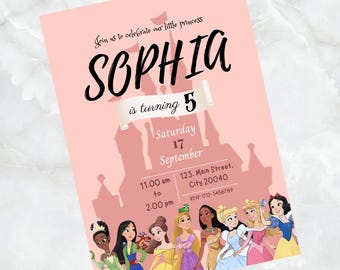 Princess Birthday Invitation, Princess Theme Invitation, Princess Peach Invitation, Princess Castle Invitation, Dosney Princess Invitation