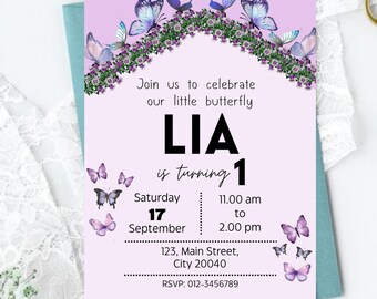Birthday Butterfly Invitation, Purple Butterfly Invitation, Butterfly Floral Invitation, Butterfly Theme Invitation, Invitation Canva