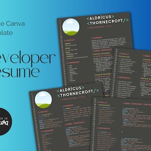 May include: A developer resume template with a dark grey background and white text. The resume is a 4-page Canva template. The resume includes sections for contact information, languages, skills, and work experience. The Canva logo is visible.