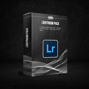 May include: A black box labeled "LIGHTROOM PACK" with the "Lr" logo in a blue square. The box has white wavy lines and the text "4 PACK". The box also has the text: "A unique package that every Lightroom user must have, fulfilling all your needs."