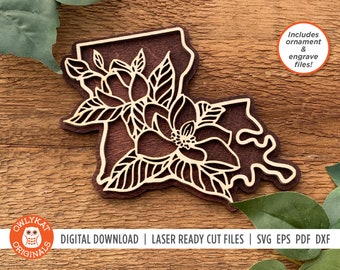 Louisiana Magnolie SVG | Blumen SVG | Laser-Schnitt-Datei | Zustand SVG | Louisiana Ornament | Louisiana Cut-Datei | Glühschmiede | Cricut | Silhouette