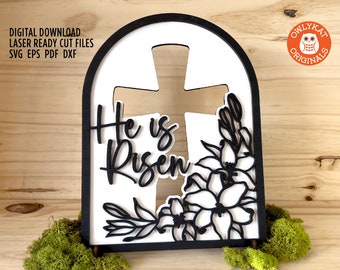 He is Risen Sign: Easter Lily Cross SVG Laser Cut File (Digital Download)