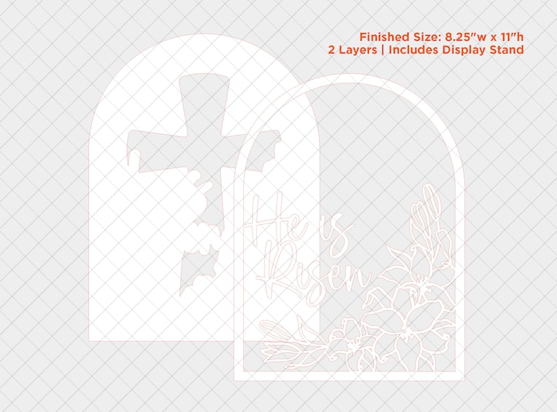 May include: A white, laser-cut, two-layer, wooden sign with an arched top. The sign features a cross on the left side and the words "He is Risen" on the right side. The right side also features a floral design with lilies. The sign is 8.25 inches wide and 11 inches tall.