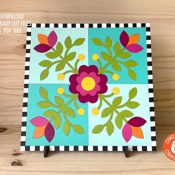 Cuadrado de colcha floral de granero SVG: Archivo de corte láser con apliques (descarga digital)