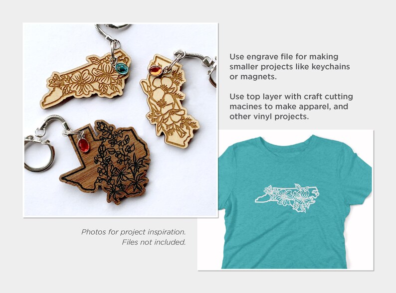 May include: Three wooden keychains featuring different state outlines with floral designs. The keychains are on a white surface. The text "Photos for project inspiration. Files not included." is below the keychains. A turquoise t-shirt with a white outline of a state with floral designs is on a white surface. The text "Use engrave file for making smaller projects like keychains or magnets. Use top layer with craft cutting machines to make apparel, and other vinyl projects." is to the right of the keychains.