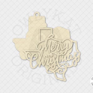 May include: A wooden Christmas ornament in the shape of the state of Texas. The words "Merry Christmas" are written in a cursive font across the center of the ornament. The ornament has a small hole at the top for hanging.