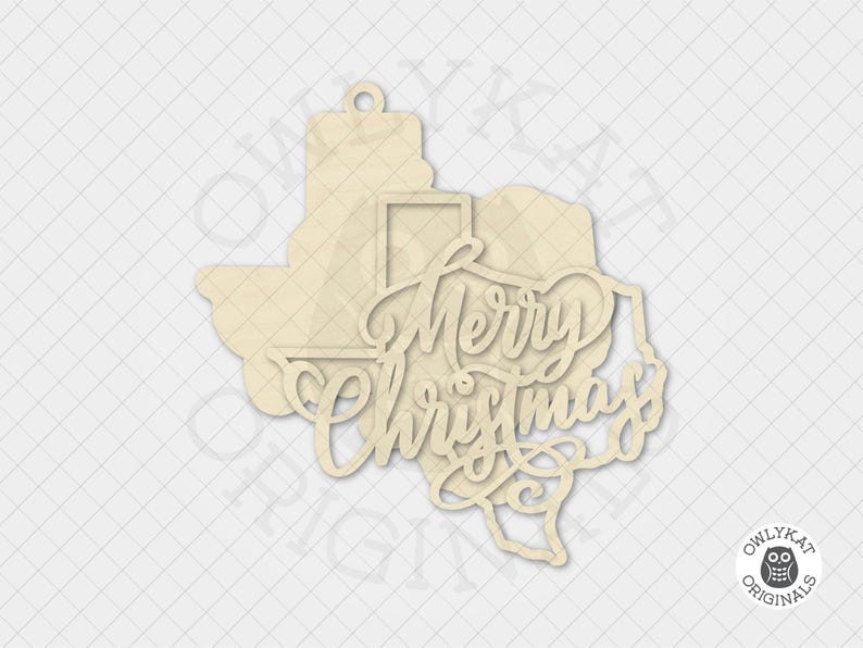 May include: A wooden Christmas ornament in the shape of the state of Texas. The words "Merry Christmas" are written in a cursive font across the center of the ornament. The ornament has a small hole at the top for hanging.