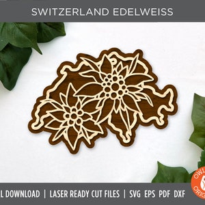 Switzerland Edelwiess | Switzerland Wall Sign | Switzerland Ornament | Switzerland Laser Cut SVG | Switzerland Glowforge SVG | Flower SVG