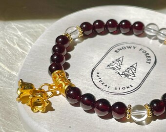 Red Garnet & Clear Quartz Bracelet: Golden Floral Charm, Emotional Healing