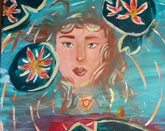 Ophelia Floating Woman with Lily Pads Acrylic Painting, One of a Kind, OOAK