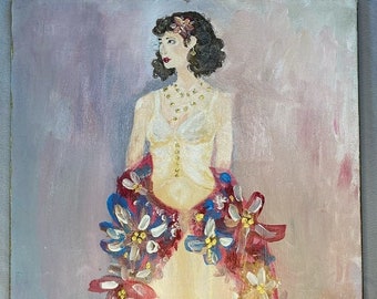 Handpainted 1940s 1950s Old Hollywood Style Original Painting of Woman With Flower Shawl, Acrylic, One of a Kind, OOAK, Ready to hang