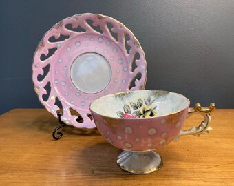 Vintage Nippon Japan Lusterware Pedestal Teacup & Reticulated Saucer Set w/ Cutouts, Pink Polka Dots, Gold Trim, Very Rare pattern