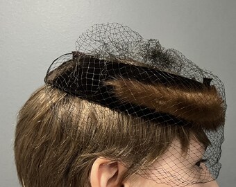 Vintage brown mink circlet birdcage net hat, mink circlet hat, fur circlet hat 1940s 1950s