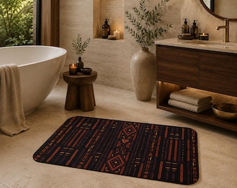 African Inspired Bath Mat | Black Rust Plum Geometric Decor | Modern Heritage
