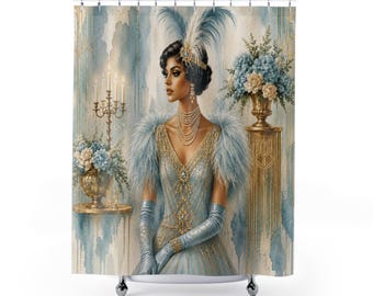 1920s Art Deco Glam Shower Curtain | Elegant Flapper Decor | Vintage Gatsby-Inspired | Light Blue & Gold