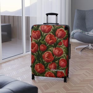 Red Floral-Patterned Suitcase, Floral Luggage, Travel Bag, Spring Break Accessories, Vacation Essentials, Carry-on Case