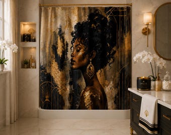Art Deco Shower Curtain | Black Gold Portrait | Luxury Bathroom Decor