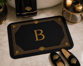 Art Deco Memory Foam Bath Mat | Black Gold Geometric Luxury Bathroom Rug