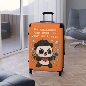 Equipaje de mano infantil de panda kawaii / Maleta de panda gánster con pistolas de agua / Estuche de viaje naranja con burbujas