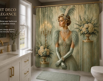 Art Deco Flapper Lady Shower Curtain | Seafoam Green & Gold Bathroom Decor