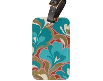 Retro Teal Swirl Luggage Tag | 70s Floral Suitcase ID