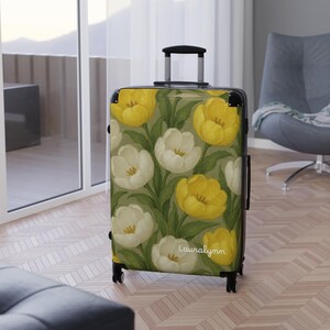 Yellow and White Floral-Patterned Suitcase, Floral Luggage, Travel Bag, Spring Break Accessories, Vacation Essentials, Carry-on Case