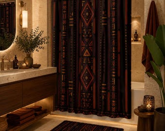 African Inspired Shower Curtain | Black Rust Plum Geometric Decor | Modern Heritage