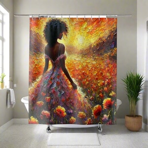 Afrocentric Shower Curtain | Woman in Blooming Field | Vibrant Sunset Art for Bathroom Decor | Inspirational Afro Art | Unique Gift Idea